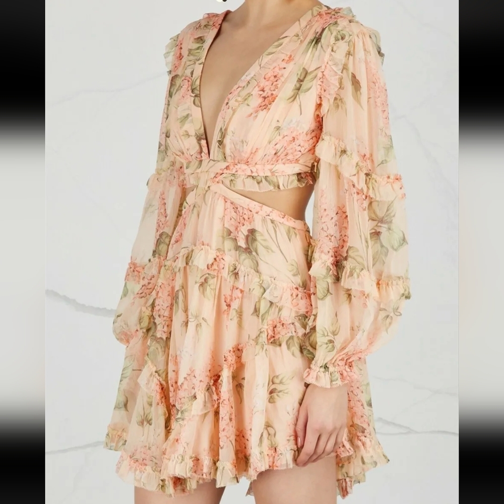 FINAL PRICE Peach Floral Print Dress XS V-Neck Long Slv Ruffly Cutout Lace Back - Picture 1 of 8